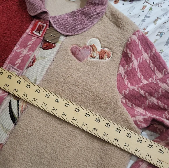 Coldwater Creek Artist Wonder Pink Patch Fleece Jacket XL dark, pink light heart - Picture 3 of 7